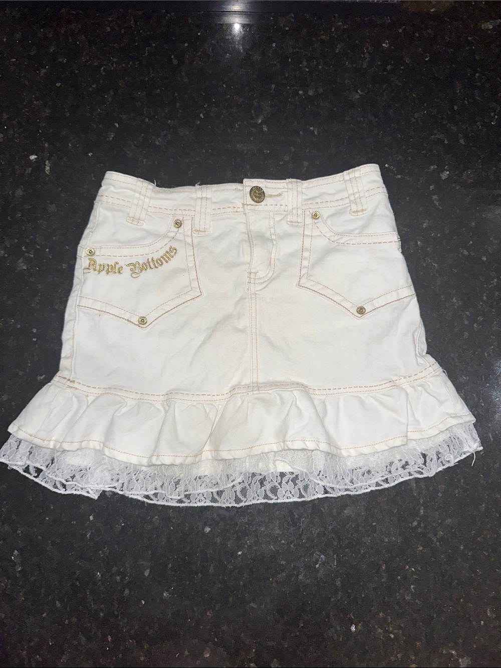Apple Bottoms White Ruffle Lace Denim Mini Skirt with Gold Stitching